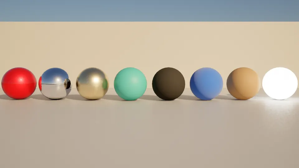A row of eight spheres: glossy red paint, chrome, gold, teal, dark brown, blue, tan and one glowing white
